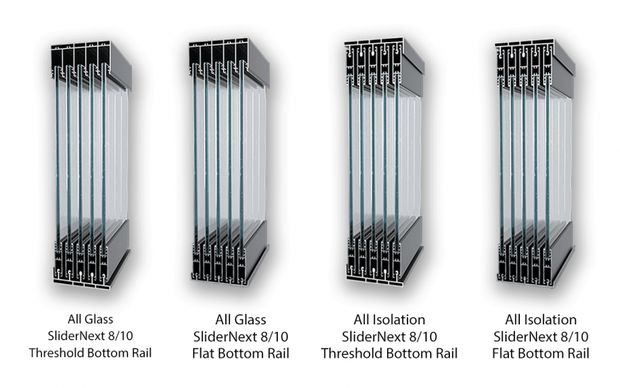 Albert Genau SliderNext. Четыре сборки платформы: All Glass / All Isolation × порог 30 мм / плоский 16 мм